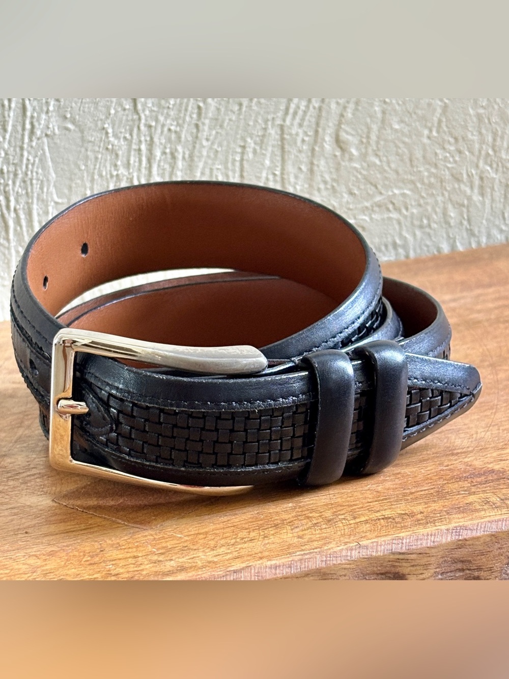 Allen Edmonds Black Imported Calfskin Inlaid Woven Leather Dress Belt - size 38
